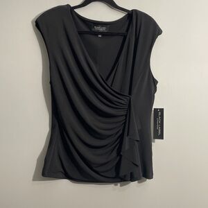 Black Label by Evan Black Faux Wrap Blouse Women’s Size L Short Sleeve NWT Top